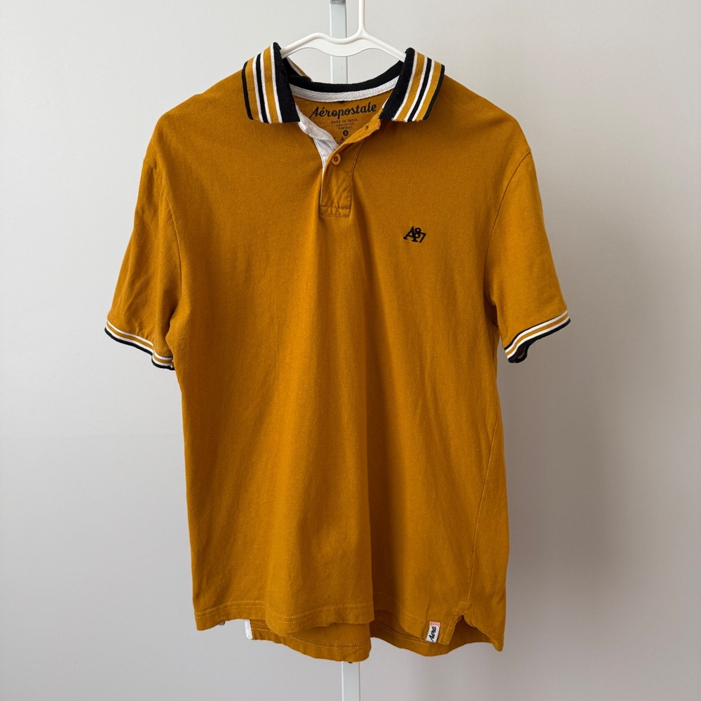 Aeropostale Cotton Academia Sporty Rugged Mustard Yellow Striped Collar Polo S